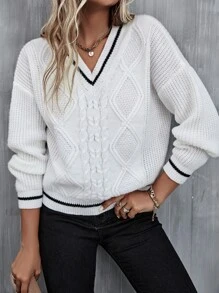 Jersey cricket tejido de cable de hombros caídos - Blanco - Ver 4