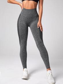 Yoga Basic Leggings de yoga tejido marled Leggings de entrenamiento con control de barriga que abrazan la cadera inconsútil - Gris Oscuro - Ver 4