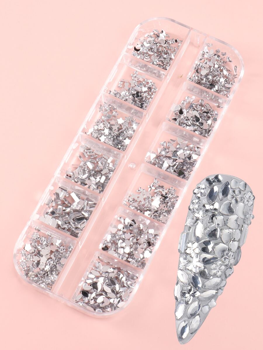 FULL BEAUTY Bộ 12 ô đính đá trắng trang trí móng tay, phụ kiện trang trí móng tay tự làm, đá quý trang trí móng tay, vật tư làm móng. - Bạc - Xem 1