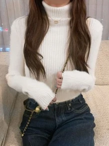 Solid High Neck Fluffy Sweater - White - View 1