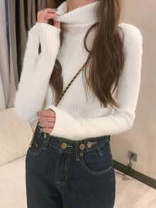 Solid High Neck Fluffy Sweater - White - View 3
