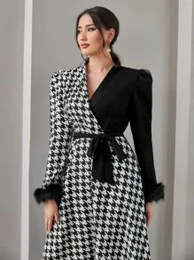 Modelyn Contrast Cuff Houndstooth Print Belted Dress - Black and White - View 5
