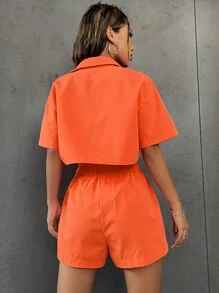 SHEIN Unity Drop Shoulder Crop Blouse & Paperbag Waist Shorts - Orange - View 2