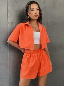 SHEIN Unity Drop Shoulder Crop Blouse & Paperbag Waist Shorts - Orange - View 3