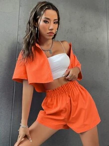 SHEIN Unity Drop Shoulder Crop Blouse & Paperbag Waist Shorts - Orange - View 5