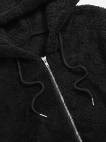 SHEIN EZwear Plus Zip Up Drawstring Hooded Teddy Jacket - Black - View 4
