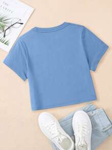 SHEIN EZwear 字母圖案短款T恤 - 藍色 - 查看 2