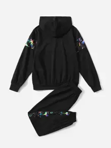 SHEIN EZwear 女性大碼圖案反光運動衫和衛褲套裝 - 黑色 - 查看 2