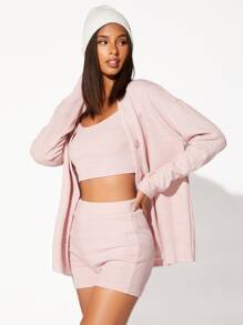 SHEIN BASICS Drop Shoulder Coat & Cami Top & Biker Shorts Set - Baby Pink - View 3