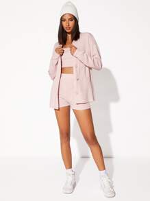 SHEIN BASICS Drop Shoulder Coat & Cami Top & Biker Shorts Set - Baby Pink - View 4