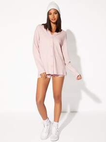 SHEIN BASICS Drop Shoulder Coat & Cami Top & Biker Shorts Set - Baby Pink - View 5