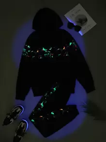 SHEIN EZwear 女性大碼圖案反光運動衫和衛褲套裝 - 黑色 - 查看 6