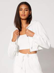 Muchica Zip Up Drawstring Crop Hoodie - White - View 1