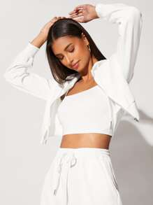Muchica Zip Up Drawstring Crop Hoodie - White - View 4
