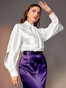 Modelyn Jacquard Tie Neck Split Sleeve Blouse - White - View 1