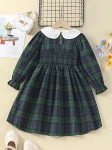小女童格紋印花娃娃領荷葉袖洋裝