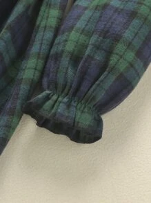 小女童格紋印花娃娃領荷葉袖洋裝