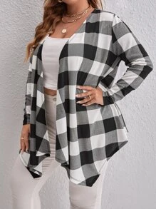 SHEIN Clasi Plus Buffalo Plaid Print Open Front Coat - Black and White - View 4
