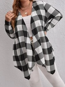 SHEIN Clasi Plus Buffalo Plaid Print Open Front Coat - Black and White - View 5