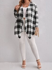 SHEIN Clasi Plus Buffalo Plaid Print Open Front Coat - Black and White - View 6