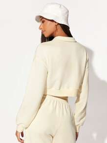 SHEIN Polo Neck Drop Shoulder Crop Sweatshirt - Beige - View 2