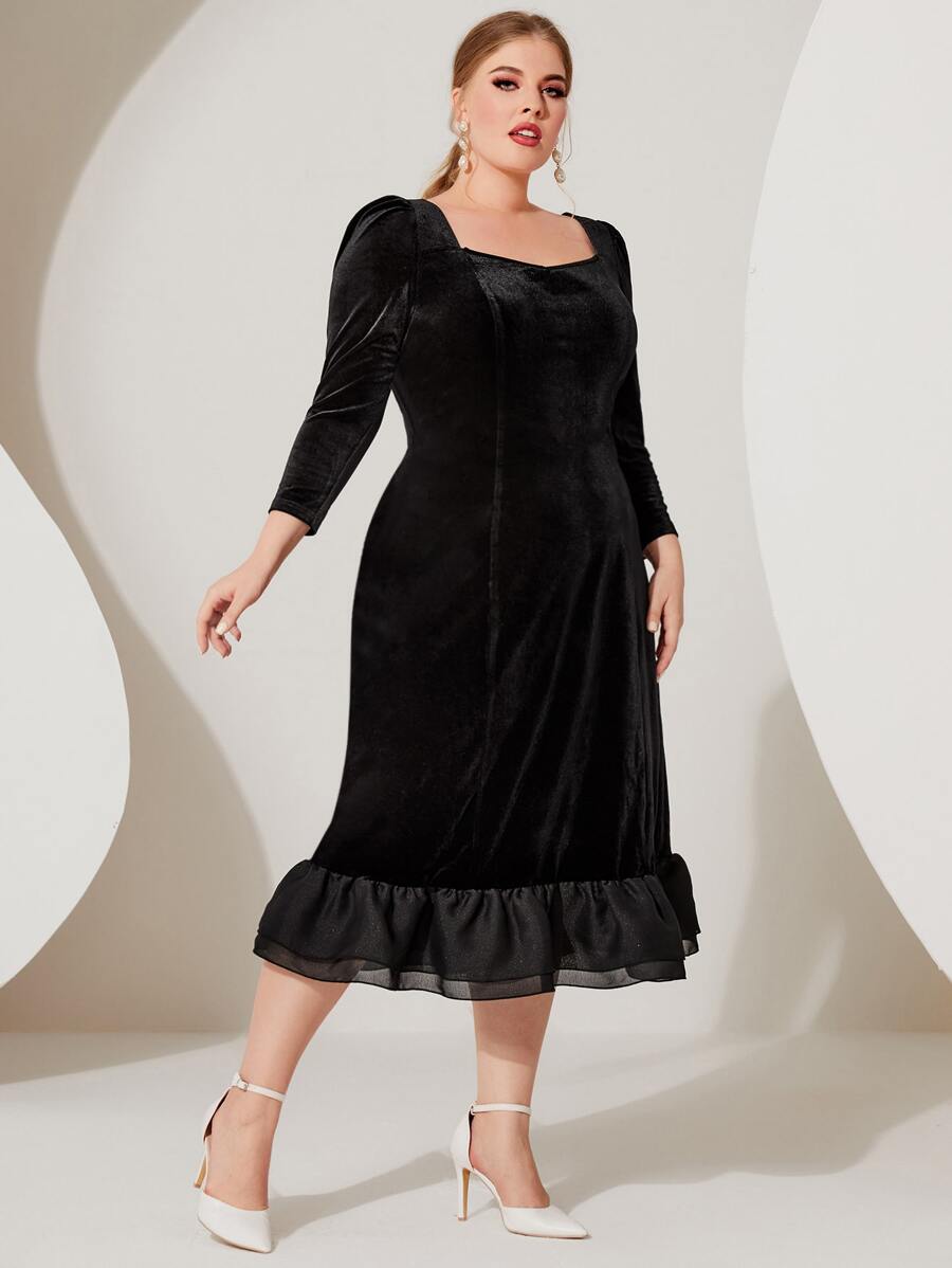 Modelyn Vestido de manga farol bajo con fruncido de terciopelo - Negro - Ver 1