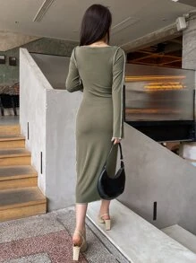 DAZY Solid Scoop Neck Top Stitching Dress,Casual Women Dresses,Fall Clothes - Army Green - View 3