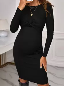 SHEIN Vestido de punto de canalé de manga larga de maternidad con detalle frontal retorcido - Negro - Ver 3