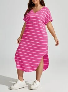 SHEIN LUNE Plus Size V-Neck Raglan Curved Hem Mid-Length Loose Dresses For Summer