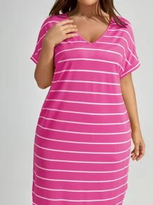 SHEIN LUNE Plus Size V-Neck Raglan Curved Hem Mid-Length Loose Dresses For Summer