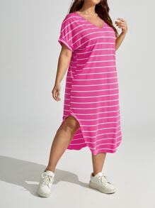SHEIN LUNE Plus Size V-Neck Raglan Curved Hem Mid-Length Loose Dresses For Summer