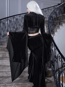 ROMWE PUNK 1pc Velvet Extra Long Sleeve Super Crop Top - Black - View 2