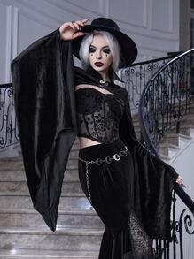 ROMWE PUNK 1pc Velvet Extra Long Sleeve Super Crop Top - Black - View 4