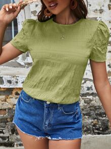 SHEIN VCAY Textured Solid Puff Sleeve Blouse - Lime Green - View 1