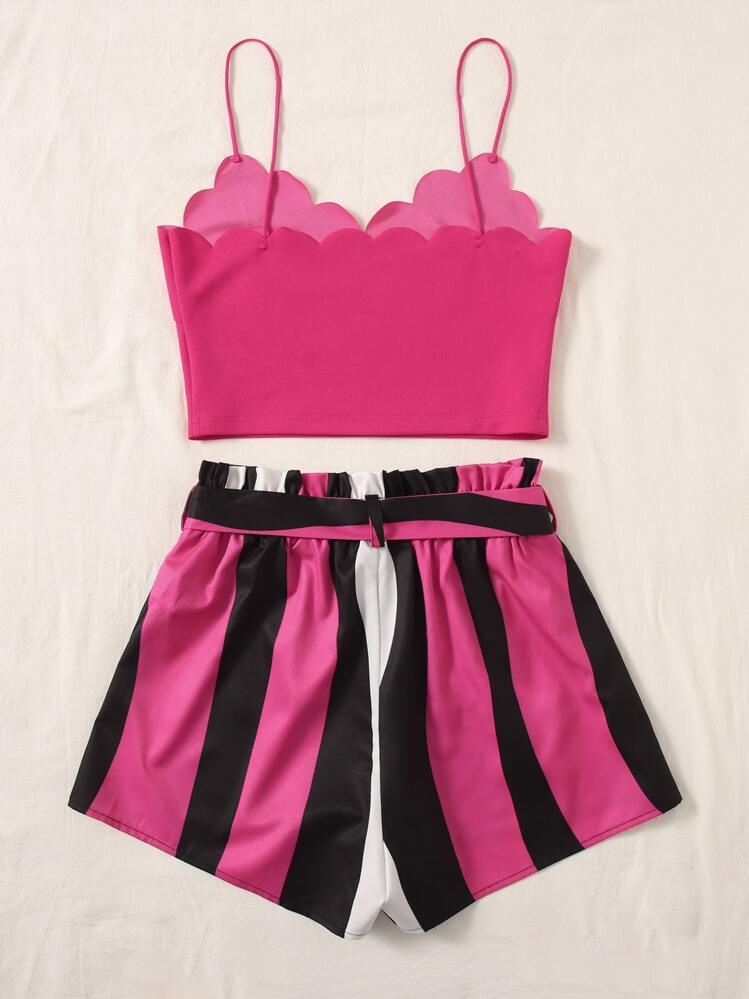 SHEIN VCAY Scallop Trim Cami Top & Paperbag Waist Striped Shorts Set - Hot Pink - View 2