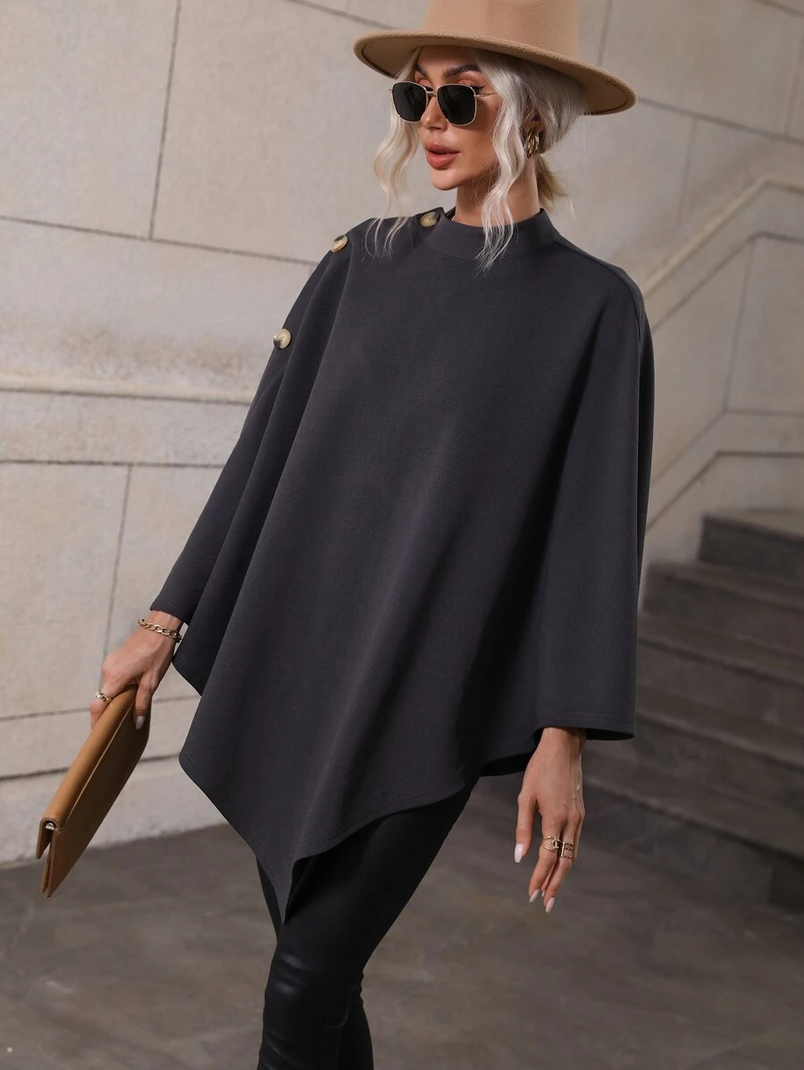 SHEIN LUNE Mock Neck Asymmetrical Hem Cape Coat - Dark Grey - View 1