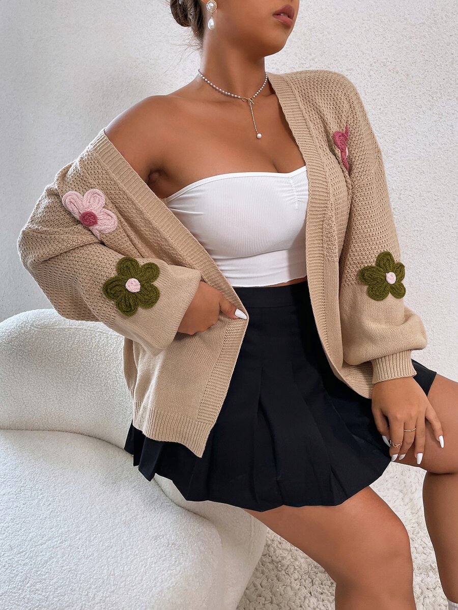 Flirla Plus Floral Patched Drop Shoulder Duster Cardigan, For Winter Fall Cloth For Women - Khaki - View 1