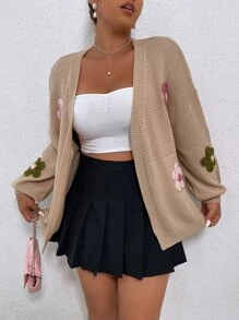Flirla Plus Floral Patched Drop Shoulder Duster Cardigan, For Winter Fall Cloth For Women - Khaki - View 2