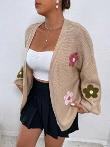 Flirla Plus Floral Patched Drop Shoulder Duster Cardigan, For Winter Fall Cloth For Women - Khaki - View 4