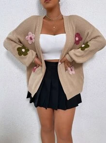 Flirla Plus Floral Patched Drop Shoulder Duster Cardigan, For Winter Fall Cloth For Women - Khaki - View 5