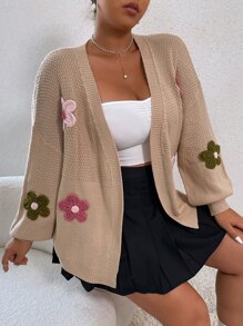 Flirla Plus Floral Patched Drop Shoulder Duster Cardigan, For Winter Fall Cloth For Women - Khaki - View 6