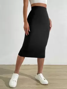 SHEIN EZwear High Waist Split Back Rib-knit Skirt - Black - View 1