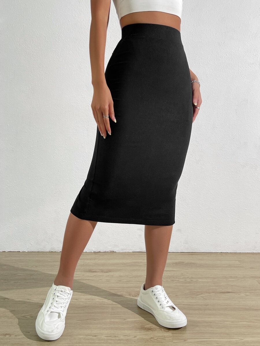 SHEIN EZwear High Waist Split Back Rib-knit Skirt - Black - View 1