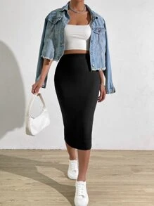 SHEIN EZwear High Waist Split Back Rib-knit Skirt - Black - View 3