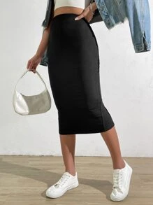 SHEIN EZwear High Waist Split Back Rib-knit Skirt - Black - View 5