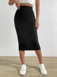 SHEIN EZwear High Waist Split Back Rib-knit Skirt - Black - View 6
