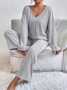 SHEIN Essnce Drop Shoulder Tee & Trousers - Grey - View 5