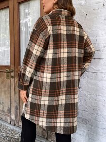 SHEIN LUNE Plus Plaid Print Drop Shoulder Coat - Brown - View 2