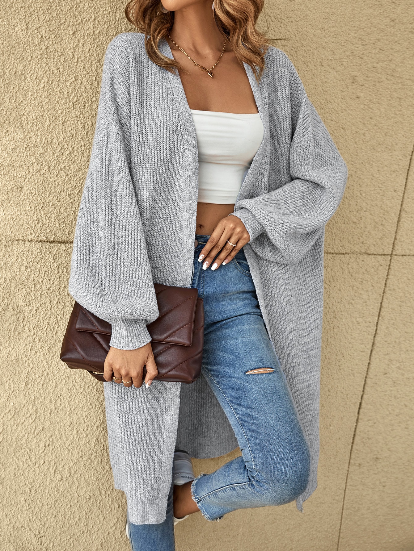 SHEIN LUNE Drop Shoulder Ribbed Knit Duster Cardigan