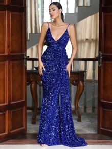 LOVE&LEMONADE Backless Split Thigh Sequin Formal Gown - Royal Blue - View 2